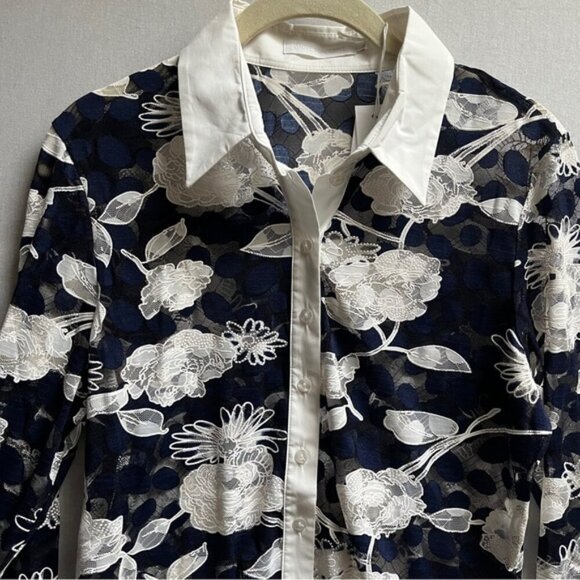 NWT Anne Fontaine Vaxy Navy And White Floral Lace Poplin 3/4 Sleeve Shirt - Picture 9 of 12
